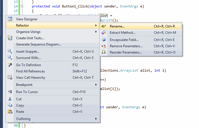 تغییر نام یک متد یا متغیر در کدهای موجود ASP.Net C#