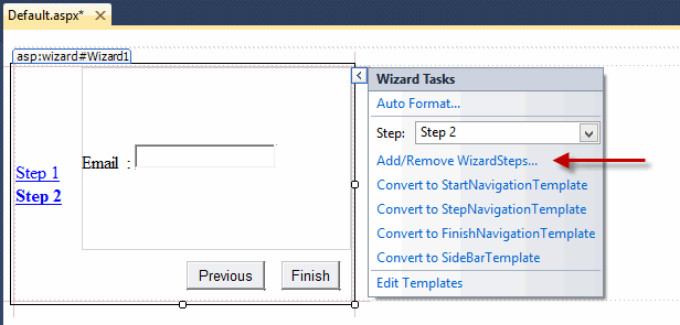 باز شدن کادر Wizard Step Collection Editor برای ویرایش مراحل Wizard Control ASP.Net