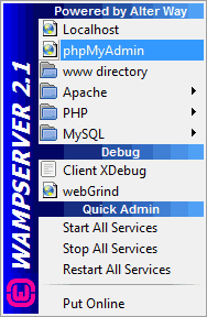 منوی نرم افزار wampserver در هنگام اجرا