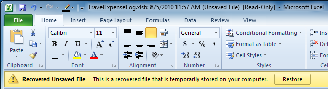 بازیابی یک فایل ذخیره نشده در Excel 2010