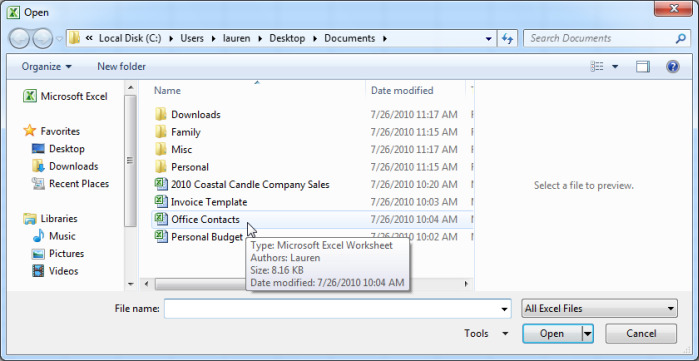 نحوه باز کردن یک فایل workbook موجود در Excel 2010