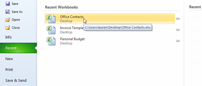 باز کردن آخرین workbook های استفاده شده در Excel 2010